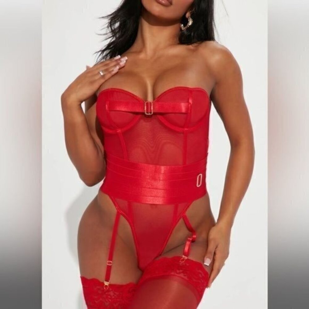 Forplay Honey‎ Please Buckle Mesh Garter Teddy - Red Size M REFNB